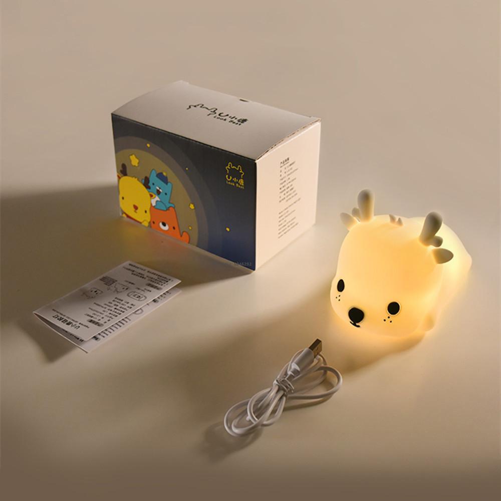 Cartoon Deer LED Night Light Touch Sensor Colorful USB Rechargeable Timer Bedroom Silicone Sleeping Lamp