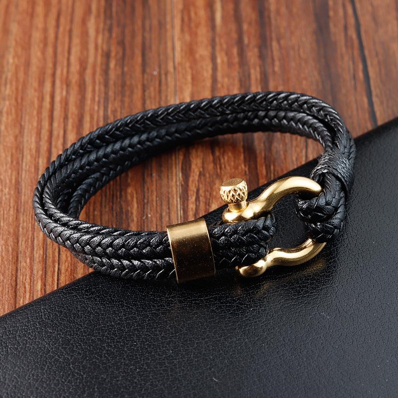 Vintage Double Layer Horseshoe Buckle Leather Rope Bracelet Men Personality Leather Bangle
