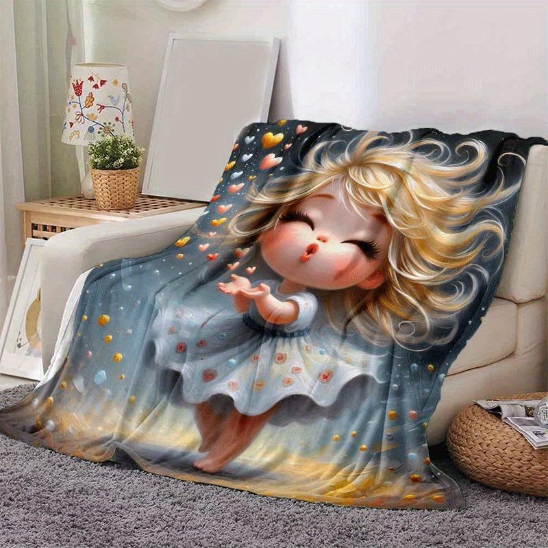 1pc Love Printing Lightweight Flannel Blanket, Comfortable and Warm Blanket, for Camping Sofa Bed and Couch Office, in All Seasons