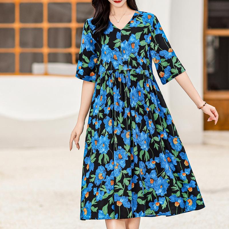 Elegant Women's Summer Dress Plus Size Half Sleeve Vintage Print Long Dresses Female Summer Clothes