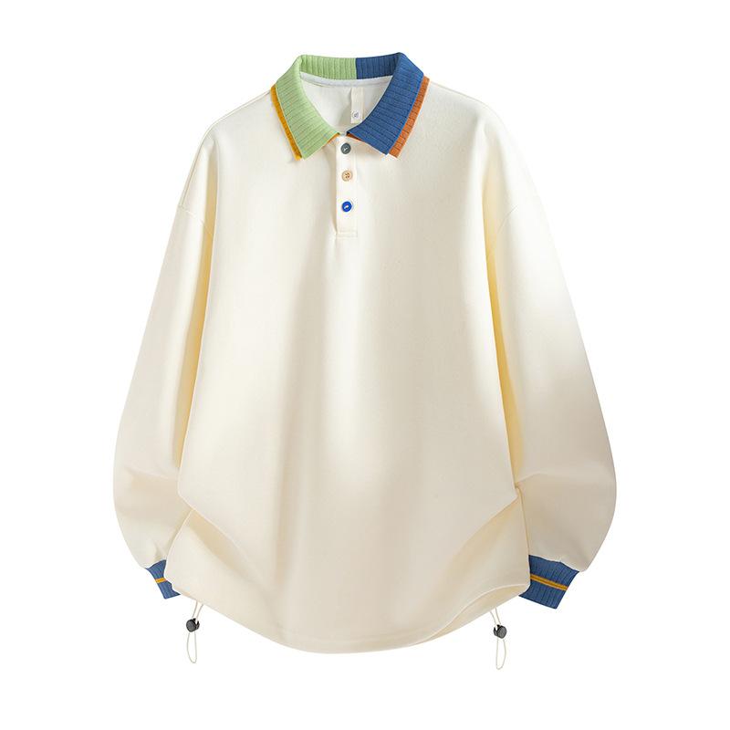 Men's Oversized Color Block Collar Long Sleeve Polo Shirt, Drawstring Hem Casual Top with Contrast Buttons, Streetwear Sweatshirt