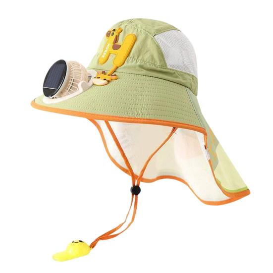 Kids Sun Cap with Built-in Solar Fan, Wide Brim Sun Protection Cooling Hat, Breathable Mesh Fabric Summer Hat with Cartoon Pattern, Shawl Design