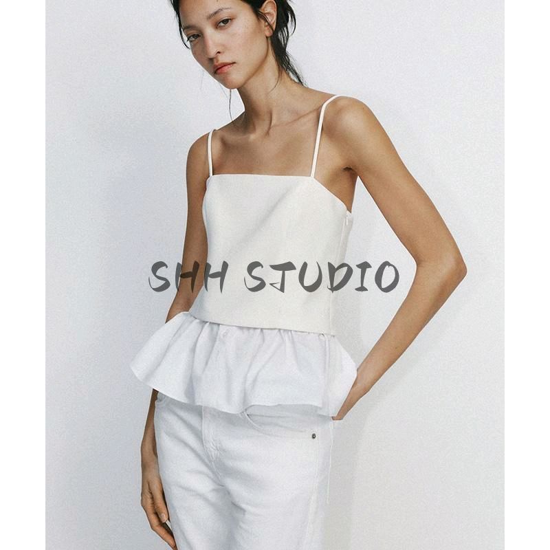 Spring New Women's Clothing Patchwork Design White Vest Poplin Camisole Straight Collar Top 2140777