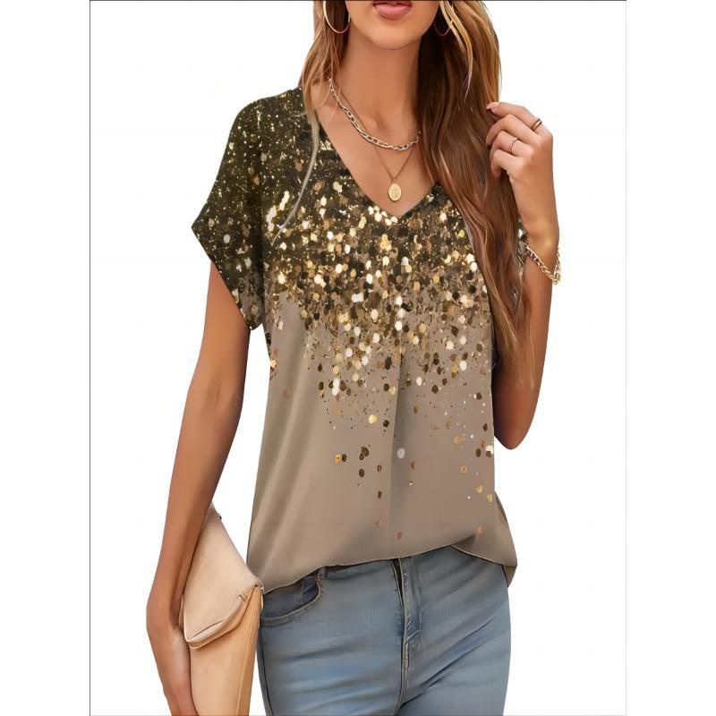 2026 New Summer Women T-shirt 3d Fashion Print Gradient Harajuku T Shirt Oversized Tee For Ladies Clothing New Short Sleeve V-Ne