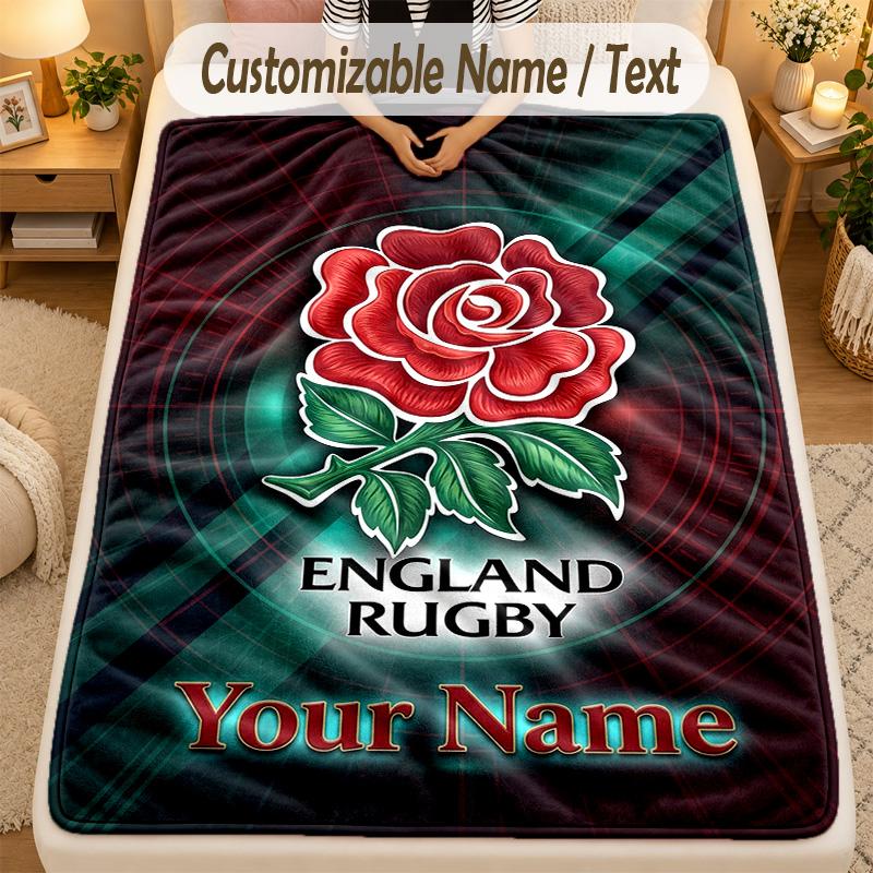 Flannel BlanketEngland Rugby Custom Name Text Personalized Soft Warm Throw Blanket Home Decor Gift