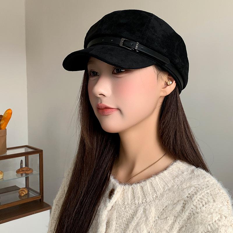 Retro Pleated Suede Flat-top Equestrian Hat for Women In Autumn and Winter Newsboy Hat Versatile Face Showing Small Duck Tongue Beret