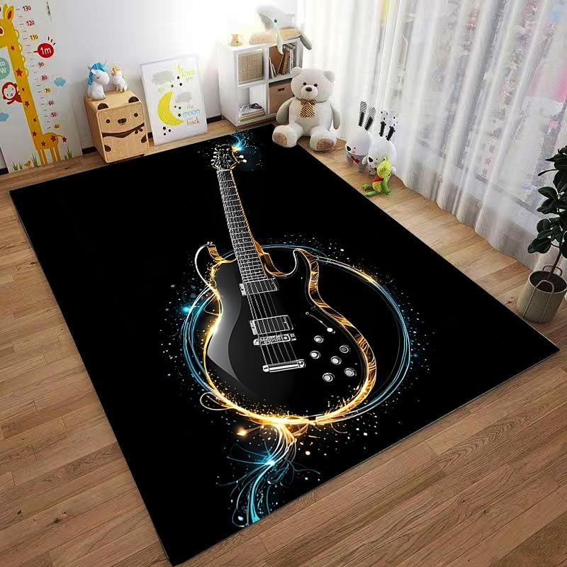 Electric Guitar Pattern Carpet with Black Background and Colorful Glow Suitable for use as an anti-slip for living room bedroom sofas