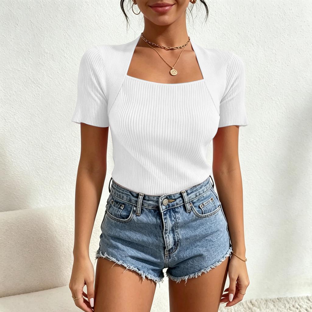 Women's Square Neck Short Sleeve Knit Top Slim Fit Color Casual Pullover Blouse