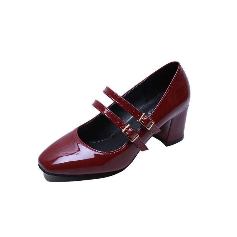 

Spring new square head patent leather shallow mouth belt buckle single shoes women s thick heels high heels low top thin women s shoes 40 бордовый