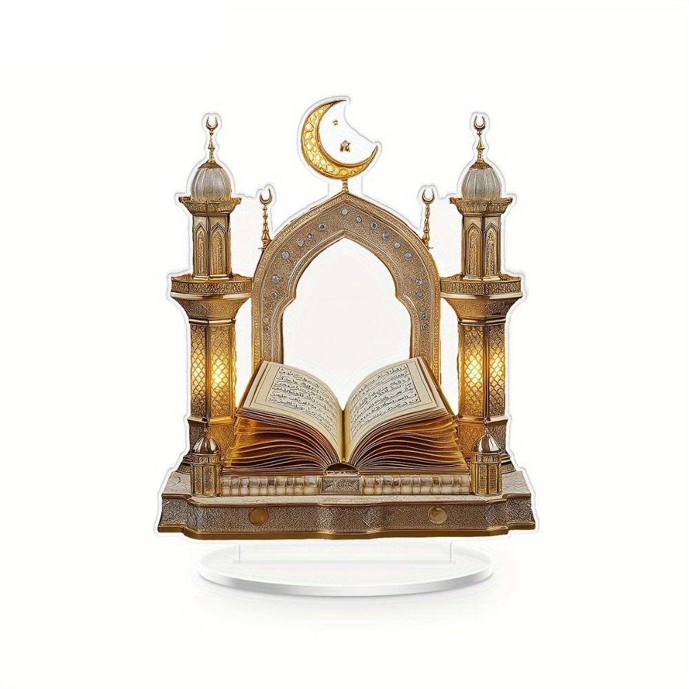2D Quran Desktop Decorations Acrylic Ramadan Moon Star Eid Mubarak Decoration Handicrafts with Base Holiday Decorative Statues