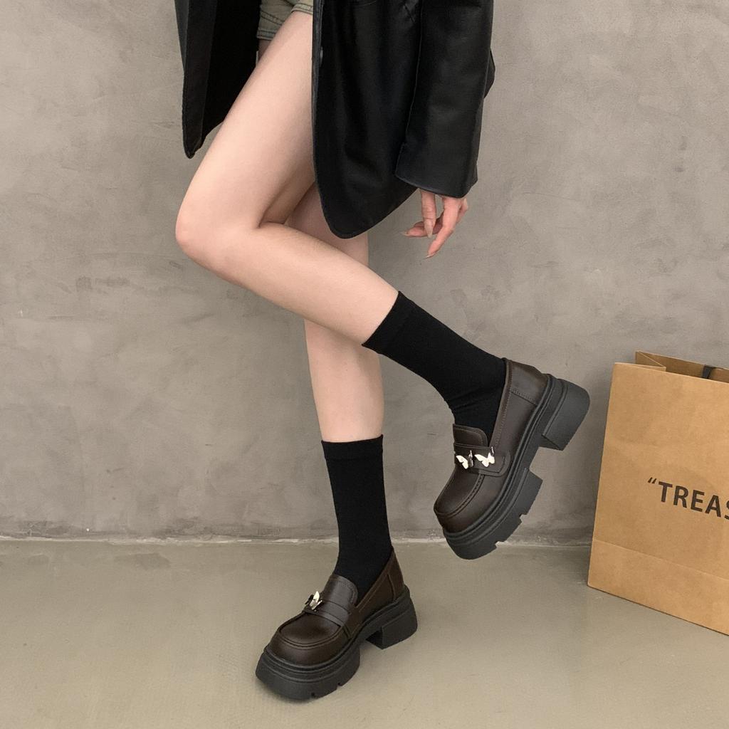 Retro Polished Small Leather Shoes Women's 2025 Spring New British Style Butterfly Versatile Thick Heel Platform Heightening Loafers