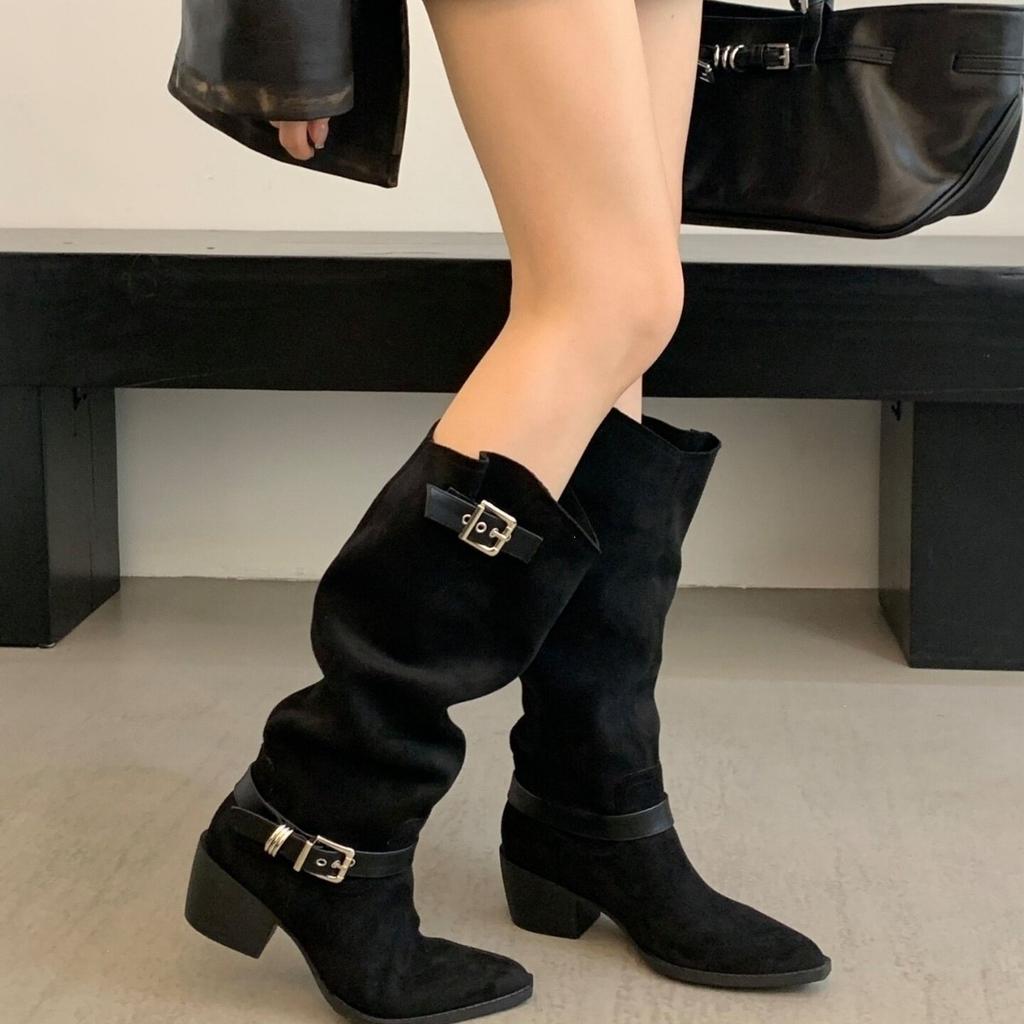 Autumn European and American style pointed head thick heel thin boots women's new temperament retro knight boots