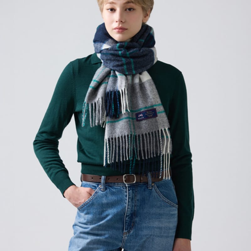 ABRAHAM MOON Merino Wool Shawl Muffler 50cm - Woodhouse Grey Blue