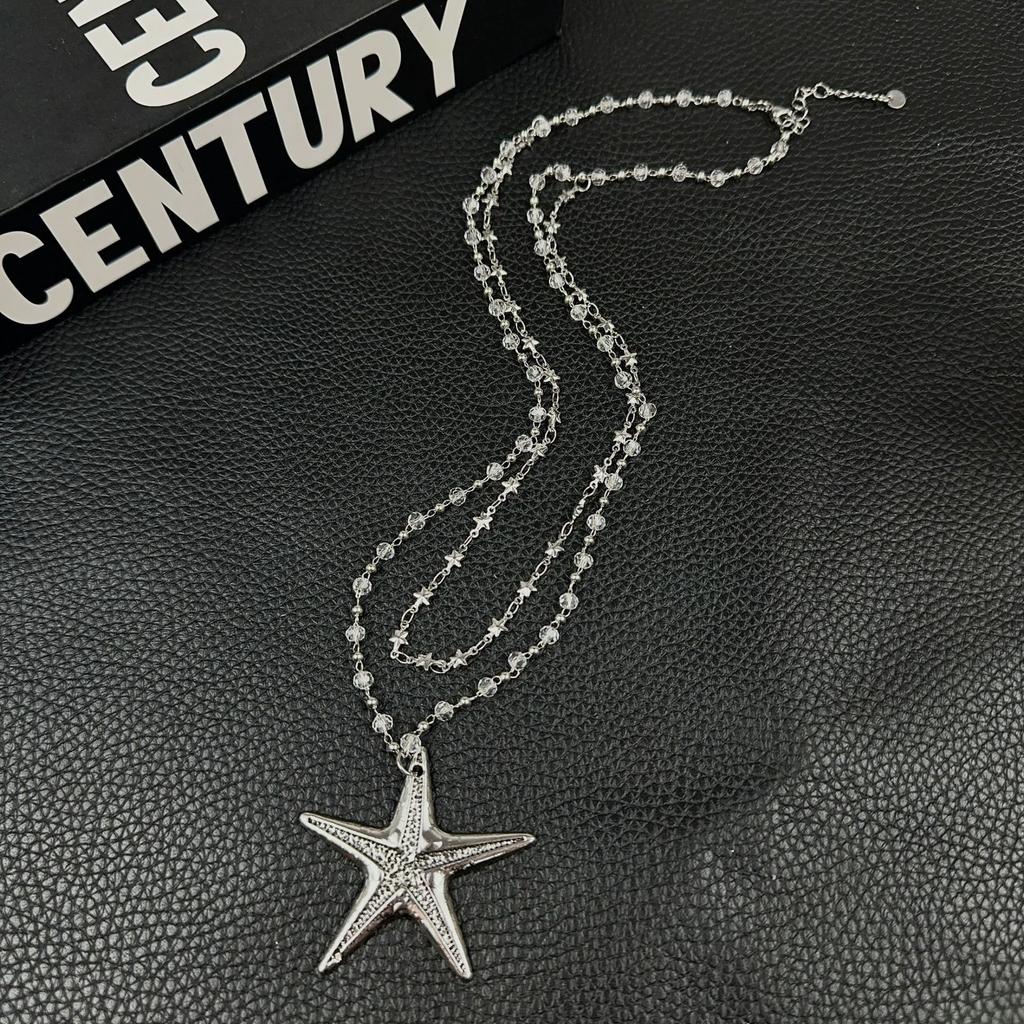 European and American new minimalist star double-layer silver starfish beaded necklace long sweet and cool Spice Girl style accessories women