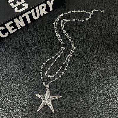 European and American New Minimalist Star Double-layer Silver Starfish Beaded Necklace Long Sweet and Cool Spice Girl Style Accessories Women