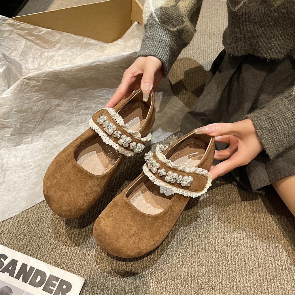 Versatile Round Head Shallow Mouth Rhinestone Flat-soled Single Shoes Women's 2025 New Spring and Autumn Skirt Retro Soft-soled Mary Jane Shoes