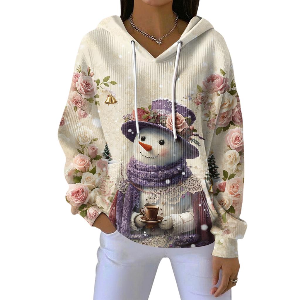 Women's Loose Comfortable Casual Fashion V-Neck Christmas Print Long Sleeve Hoodie