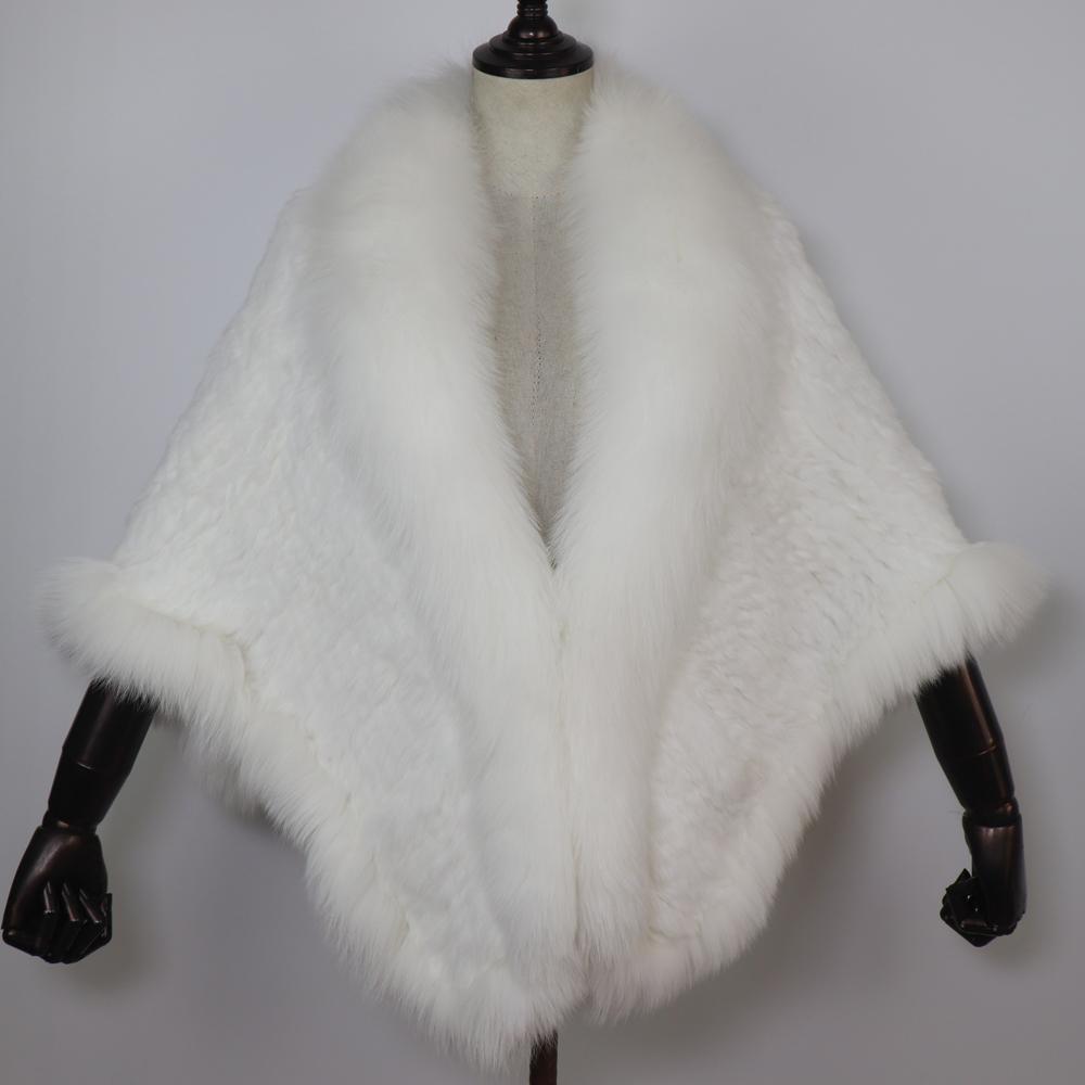 Women Real Rabbit Fur Shawl Scarf With Fox Fur Collar Winter Warm Knitted Rabbit Fur Poncho Girls Party Fashion Accessories