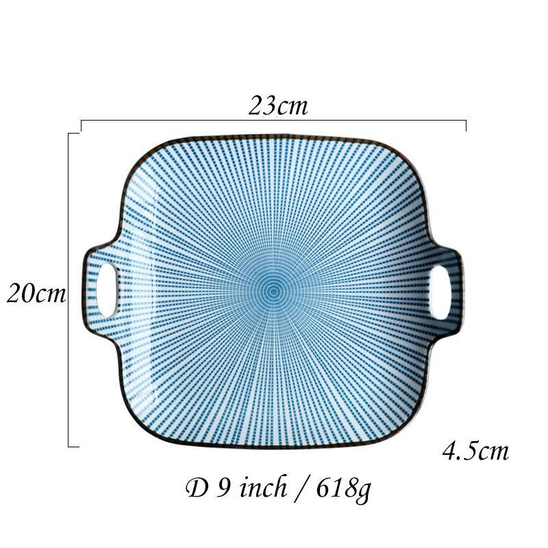 

9 inch Japanese Dinner Plate Line Stripe Dinner Dishes with Double Handle Square Main Courses Dish