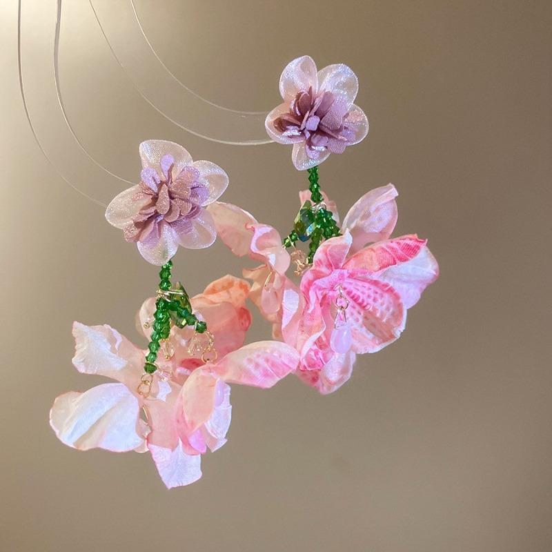Silver Needle Pink Chiffon Flower Fringed Stud Earrings Small Fresh and Sweet Vacation Style Earrings Light Luxury High-end Earrings Women