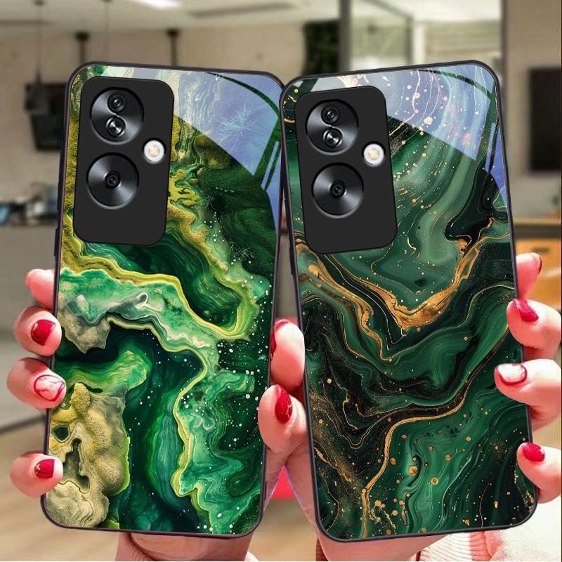 Grüner Marmor Für Oppo A79 5G 58 78 74 60 4G Reno 11F Realme GT 6 11 Note 50 10 C55 X2 Gehärtetes Glas Schwarze Handyhülle