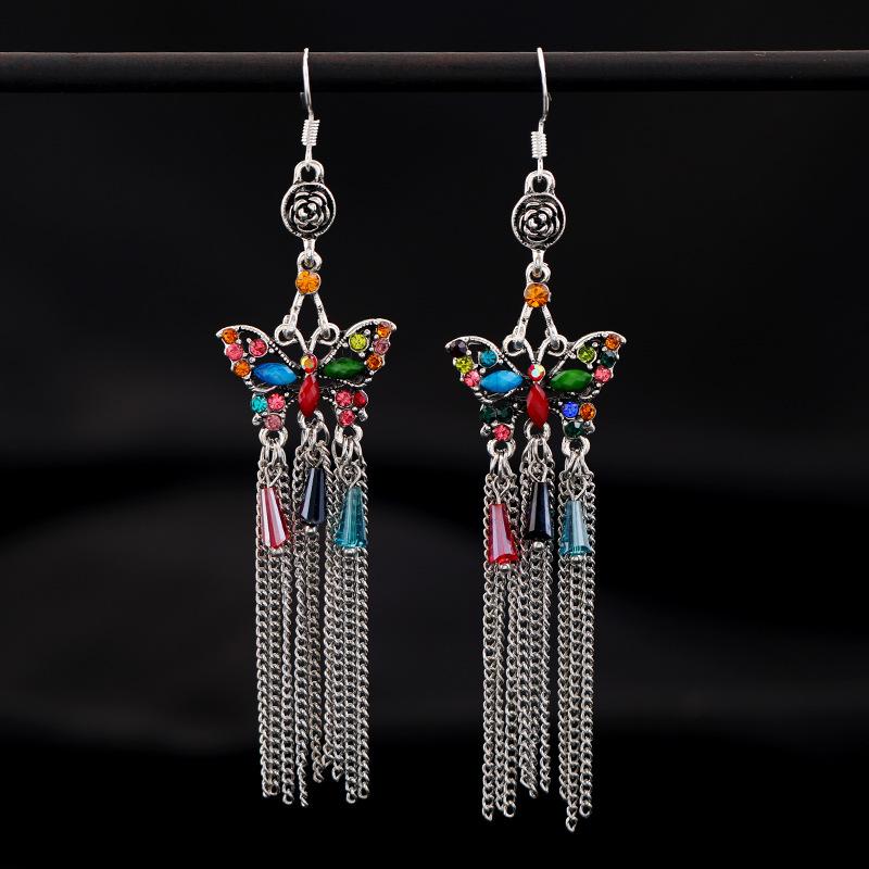 Retro Ethnic Style Butterfly Crystal Fringed Earrings Femininity Versatile Personality Long Earrings Fashion Earrings