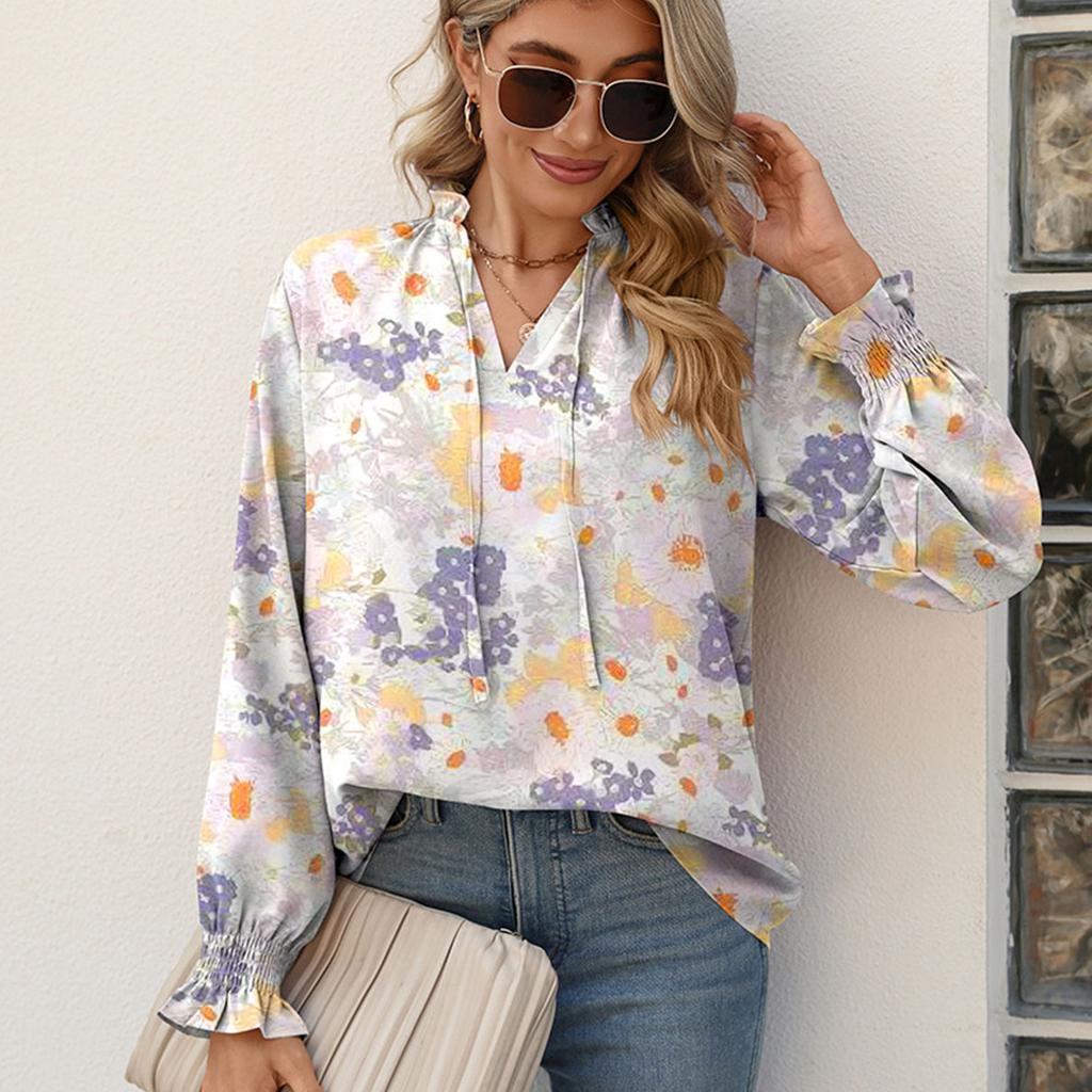 Autumn Women's Ruffled Loose Print Casual Shirt