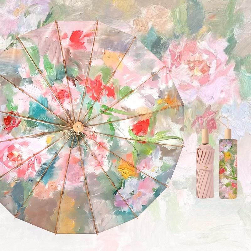 New Advanced Mist Rose 16 Bone Color Glue Umbrella Folding Sun Rain Dual Use Women'S Parasol Sun Protection And Uv Protection