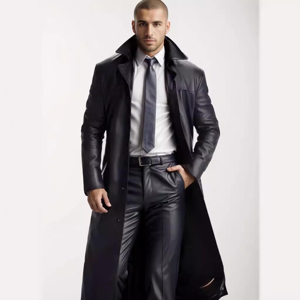 2024 Men's Extended Length PU Leather Jacket with Suit Collar - Casual Spring Fashion