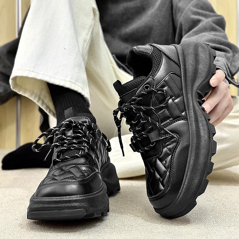 2025 Spring New Leather Shoes Men Hong Kong Style Low-Top Fashion Trend Casual Shoes Comfortable Versatile Platform Sneakers