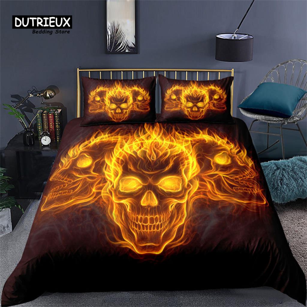 Colorful Sugar Skull Skeleton Quilt Cover Gothic Skull Bedding Set Queen Size Microfiber Horror Theme Feather Black Duvet Cover