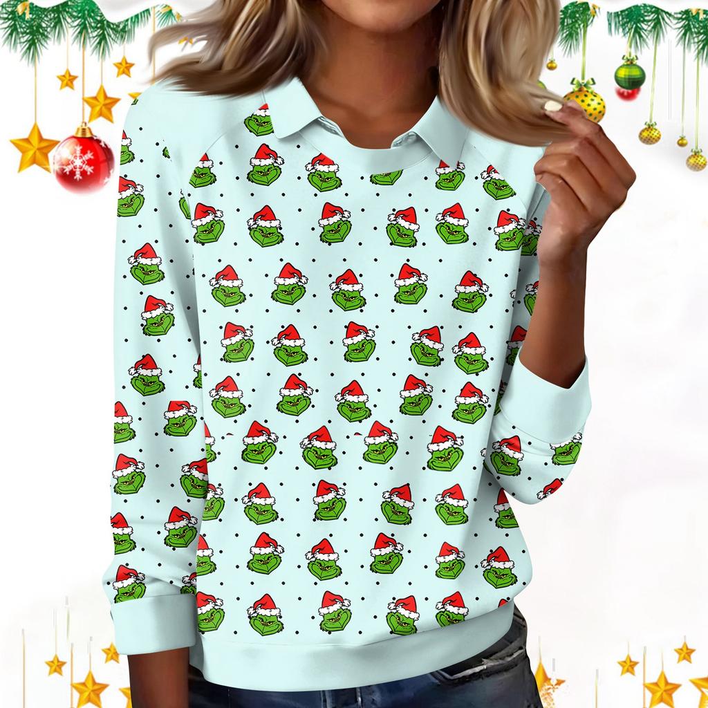 Women's Fashion Christmas Print Lapel Long Sleeve Casual Crewneck T-Shirt Top