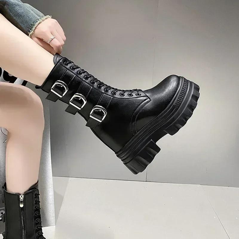 Fashion Womens Mid-calf Boots Fashion Motorcycle Boots High Quality Casual Leather Booties 12cm Height Increase Platform Boots for Women