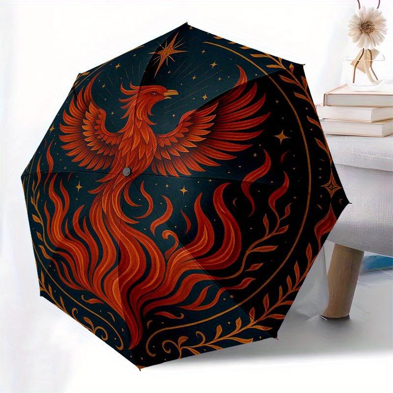 Phoenix Rising: Mystical Circular Artwork Umbrella, Portable 3-Fold Compact Umbrella for Men & Women R148