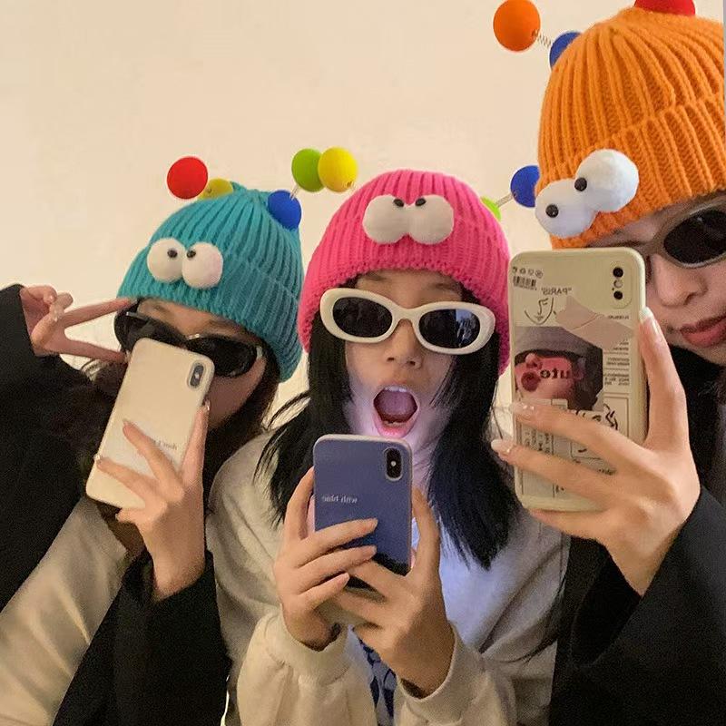 Cartoon Big Eyed Little Monster Woolen Hat for Women In Autumn and Winter Cute and Cute  Funny Couple Style Knitted Hat To Show Small Face