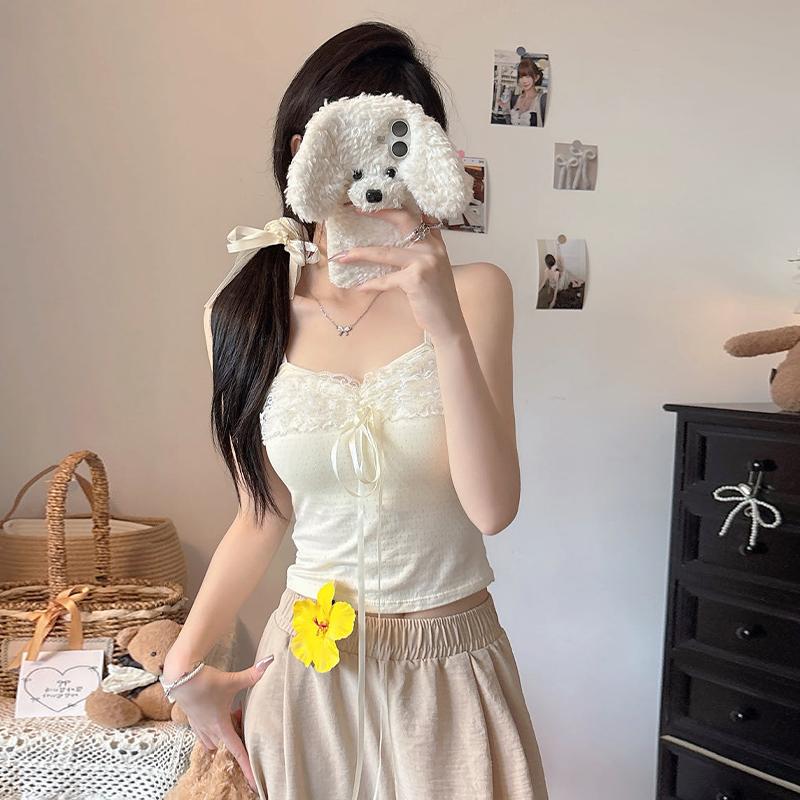 Summer Women'S Sweet Sexy Bow Lace Patchwork Sleeveless Slim Camisole With Chest Pad