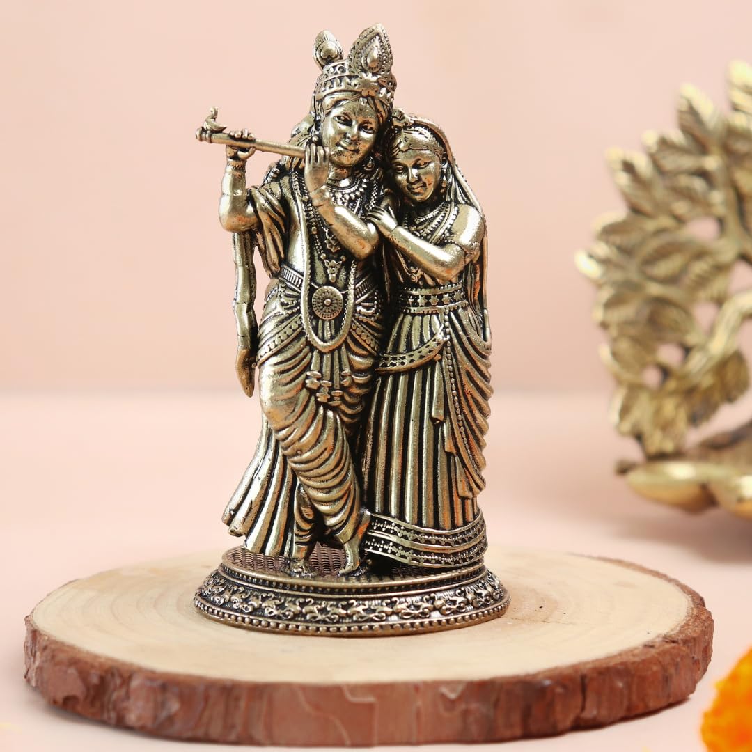 100% Чистая Латунь Статуэтка Радха Кришна, Лепестковая Мурти Радхе Кришны - 4 Дюйма