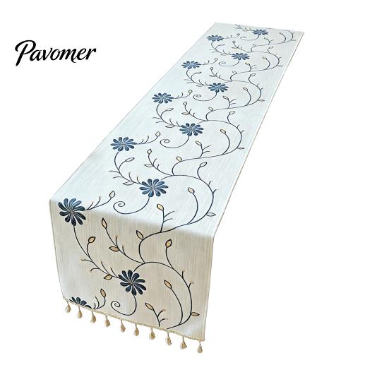 Table Runner Protects from Hot Pans Floral Embroidered Runner, Elegant Dining Cover, White Rustic with Tassels for Home Wedding Bridal Shower