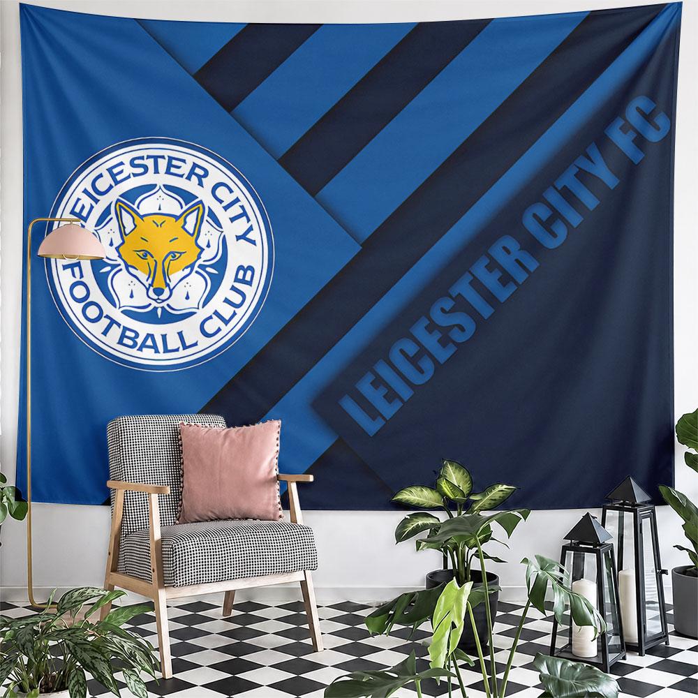 Diagonal blue layers with Leicester City FC logo featuring a fox. Patterned tapestry for bedroom and living room home decor