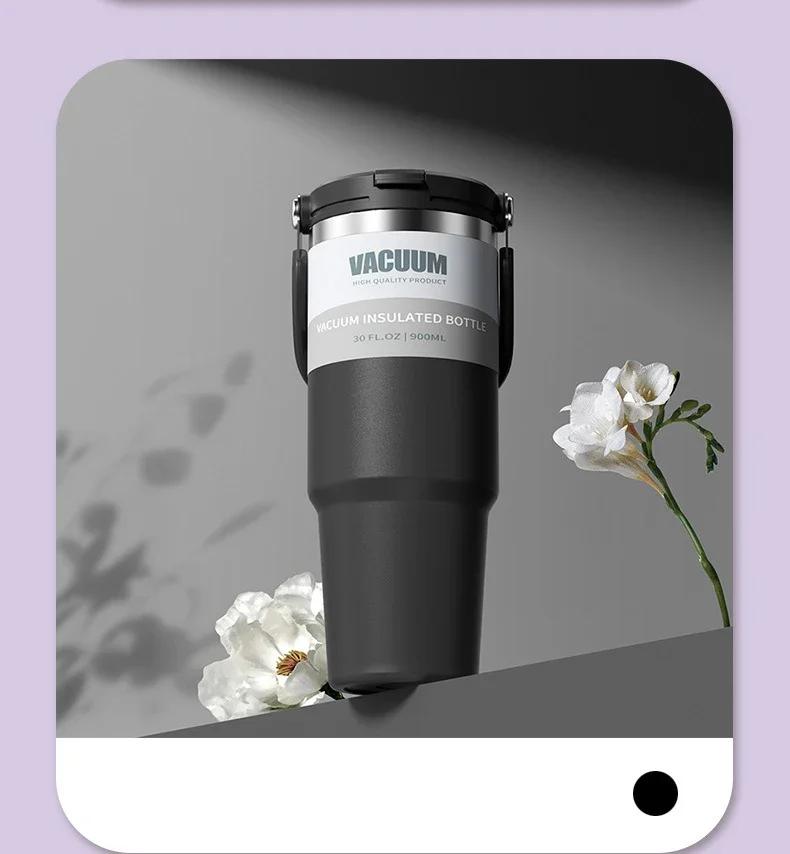 30oz 900ML Wasserflasche Edelstahl Thermosflasche Auto Kaffeetasse Kalt Heiß Camping Reise Isolierbecher Trinkbecher mit Strohhalm