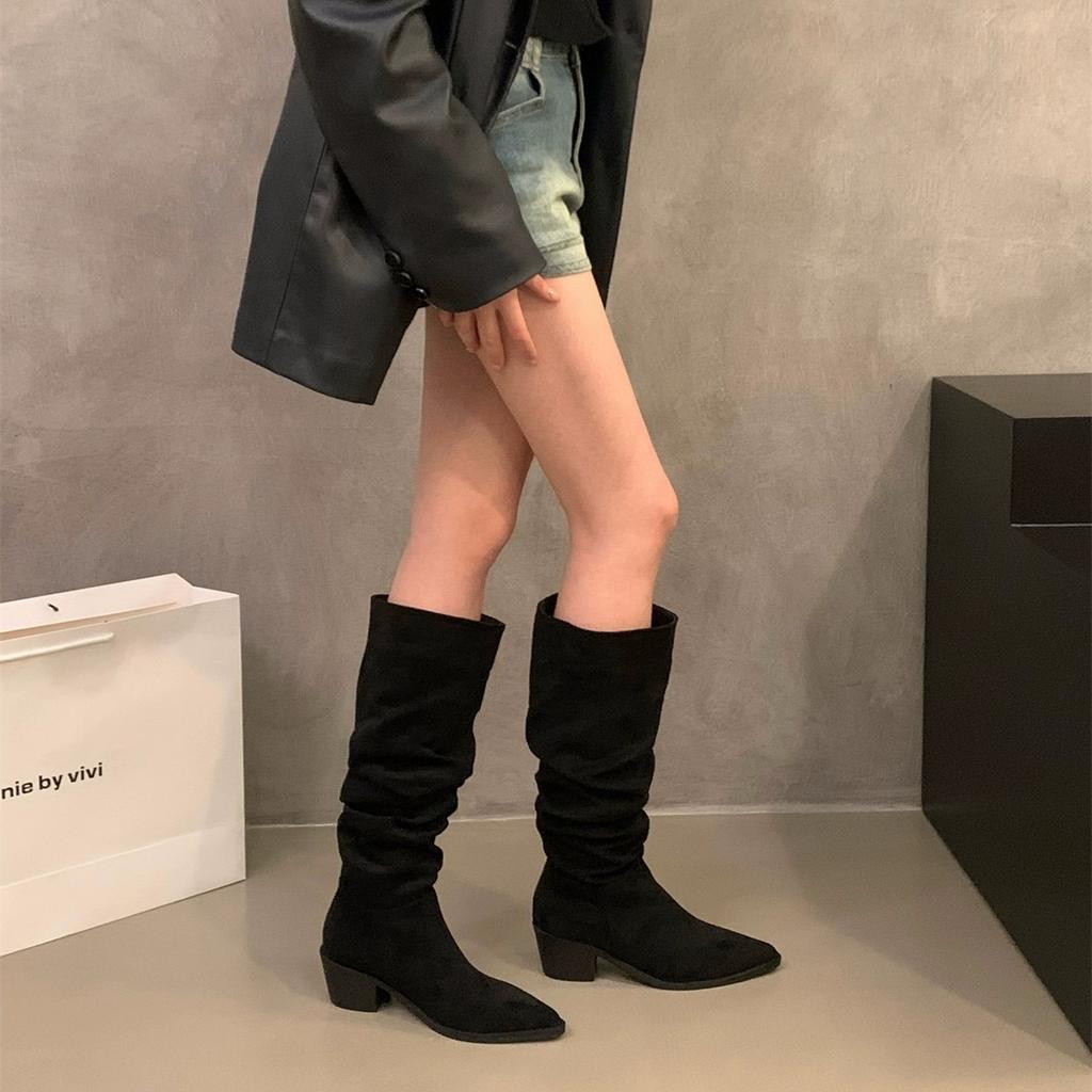 Pointed toe high heels khaki stacked boots boots women's shoes 2025 new spring, autumn and winter skinny long knight boots