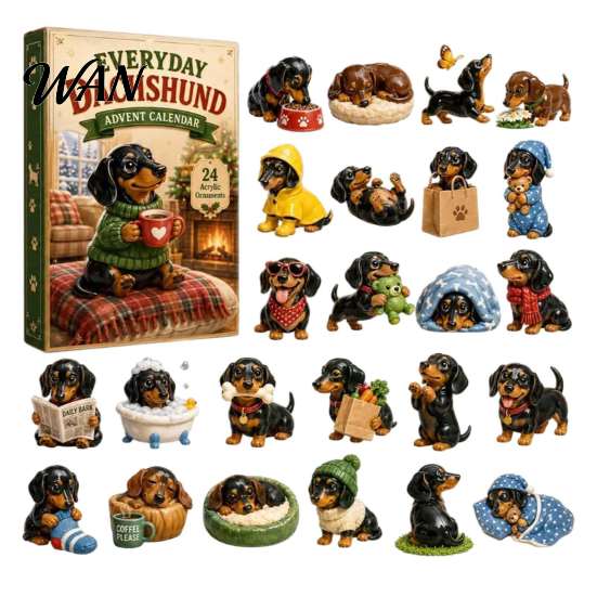 Addobbi da appendere all'albero di Natale 2026 Calendario dell'Avvento Bassotto, 24 Giorni Sorprese da Collezione Cane con Regali Festivi 2D Figure Cucciolo per