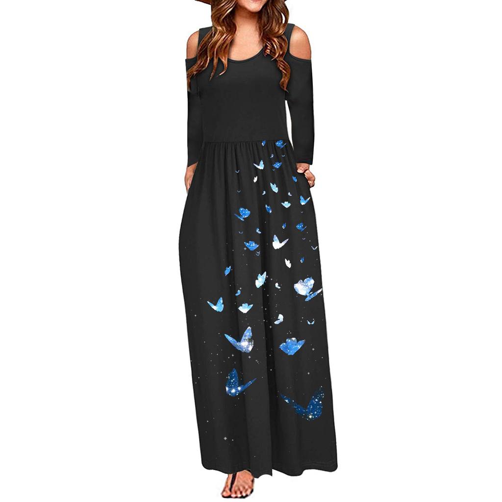 Womens Fashion Off Shoulder Print Long Sleeves Floor-Length Long Dress