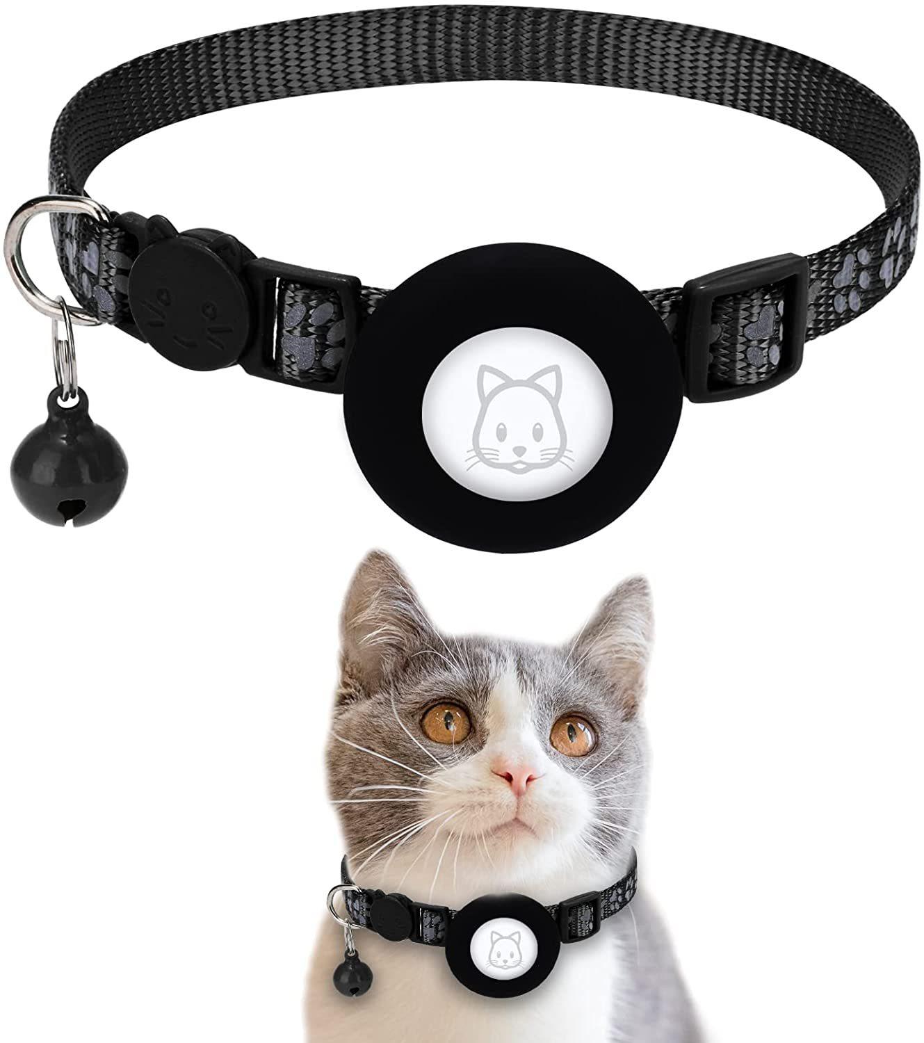 Cat Collar with For AirTag Bracket Cat Protection Cover Reflective Paw Print Collar with Bell Adjustable Safety Kitten Collar чёрный