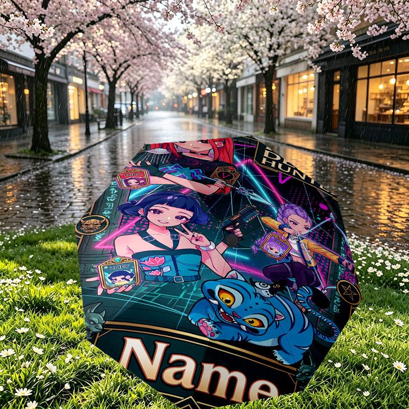 Custom Name Personalized Kpop Demon Hunter Print Umbrella, Auto Open Close, 8‑Rib Sturdy Frame, Commute Camping Hiking Use, Birthday Gift