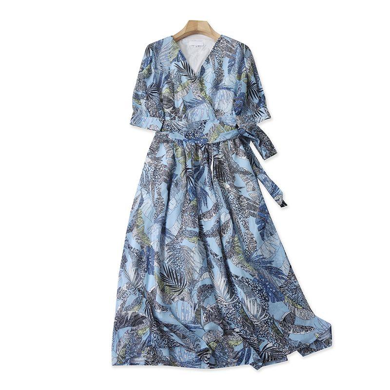 

1R/9/13 Летняя Новинка Внешнеторговая Женская Одежда Модное Свободное Платье-комбинация с V-образным вырезом и цветочным принтом из шифона Blue M