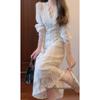 2025 Autumn French Sweet Style White Lace Long Sleeve Dress with Tie Waist