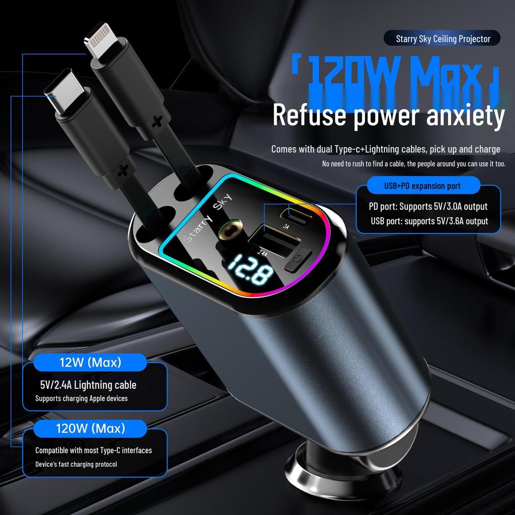 Dual USB Car Charger with Digital Display and Retractable Cable