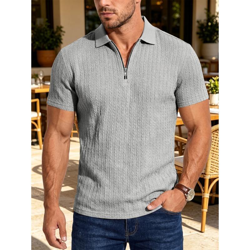 Summer Men's Textured Jacquard Half Zipper Lapel Polo Shirt Breathable Loose American Casual Short Sleeves