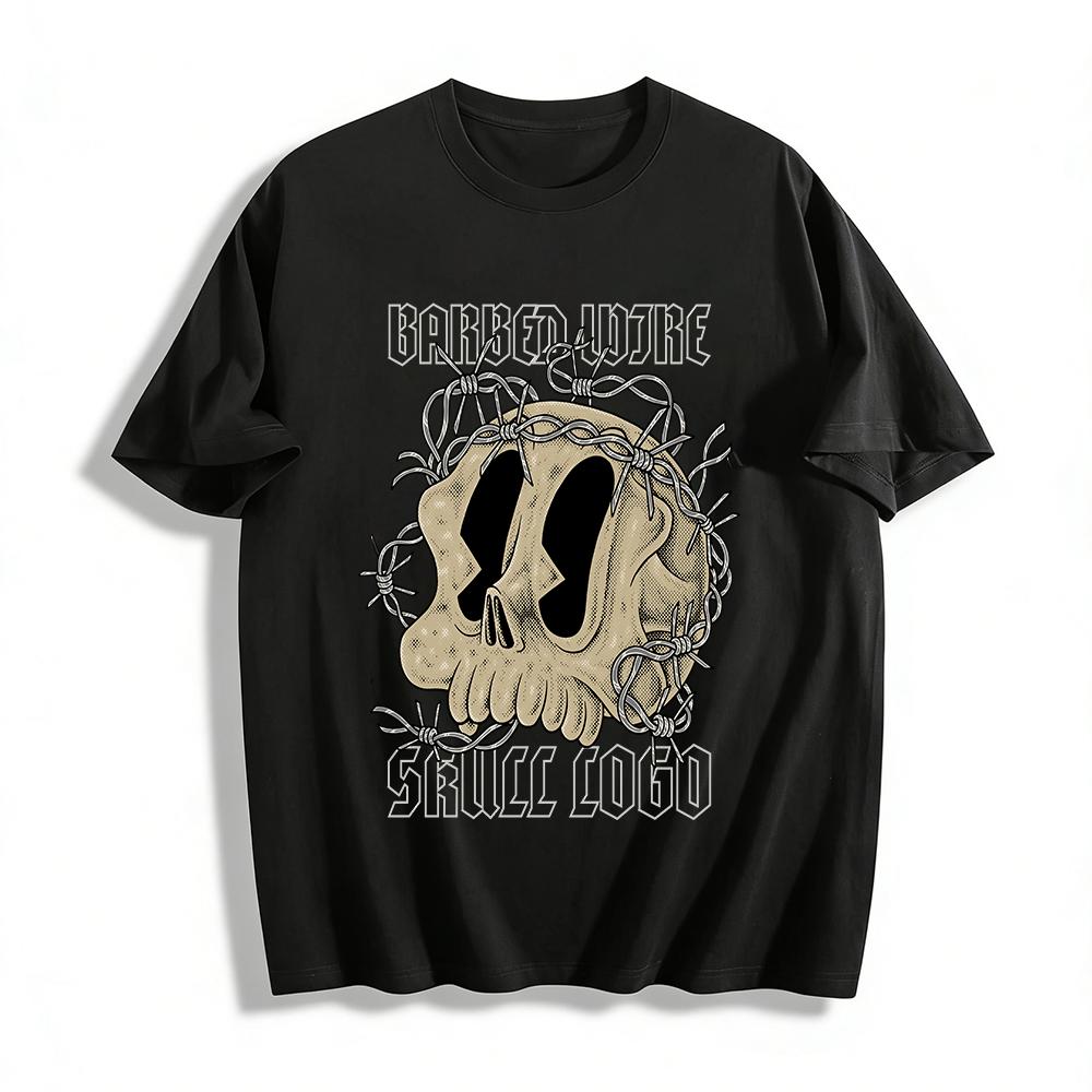 

Vintage Barbed Wire Skull Print T-shirt Men s Street Style Trendy Brand Casual Crew Neck Cotton Top Pure cotton T-shirt XXS